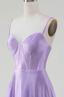 Load image into Gallery viewer, Simple Sparkly Lilac A-Line Side Slit Corset Formal Dresses with Rhinestones