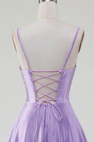 Load image into Gallery viewer, Simple Sparkly Lilac A-Line Side Slit Corset Formal Dresses with Rhinestones