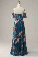 Load image into Gallery viewer, Dark Blue A Line Off The Shoulder Floor Length Print Chiffon Bridesmaid Dress