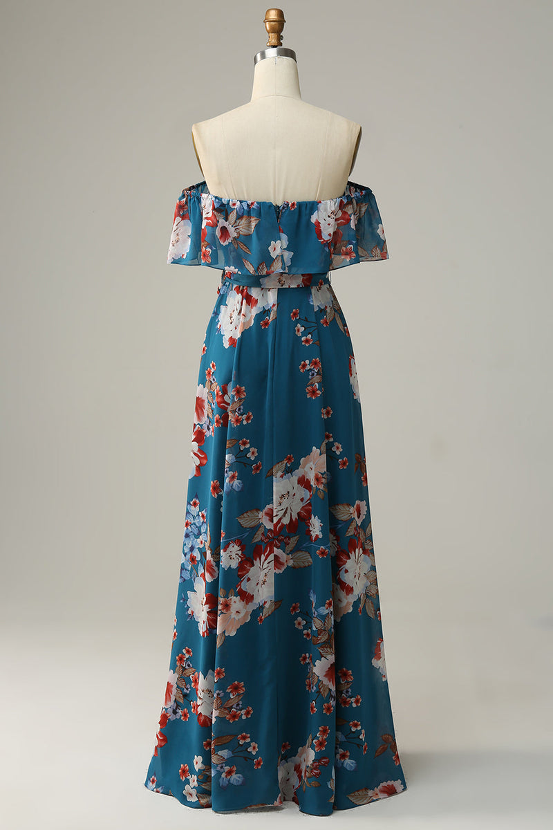 Load image into Gallery viewer, Dark Blue A Line Off The Shoulder Floor Length Print Chiffon Bridesmaid Dress