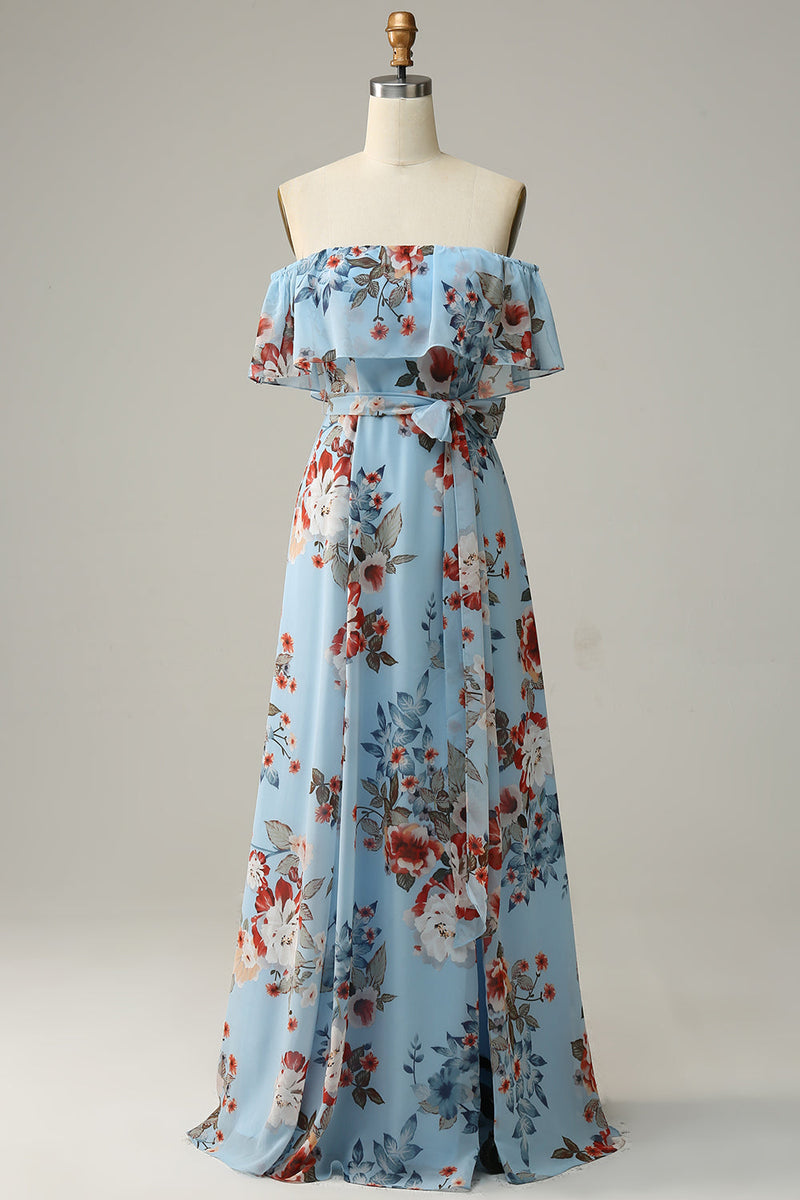 Load image into Gallery viewer, Dark Blue A Line Off The Shoulder Floor Length Print Chiffon Bridesmaid Dress