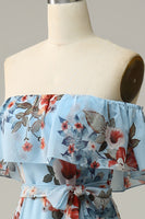 Load image into Gallery viewer, Dark Blue A Line Off The Shoulder Floor Length Print Chiffon Bridesmaid Dress