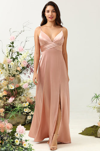 Blush Spaghetti Straps A Line Bridesmaid Dress With Slit