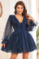 Load image into Gallery viewer, A Line V Neck Navy Short Formal Dress with Long Sleeves