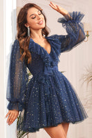 Load image into Gallery viewer, A Line V Neck Navy Short Formal Dress with Long Sleeves
