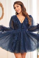 Load image into Gallery viewer, A Line V Neck Navy Short Formal Dress with Long Sleeves