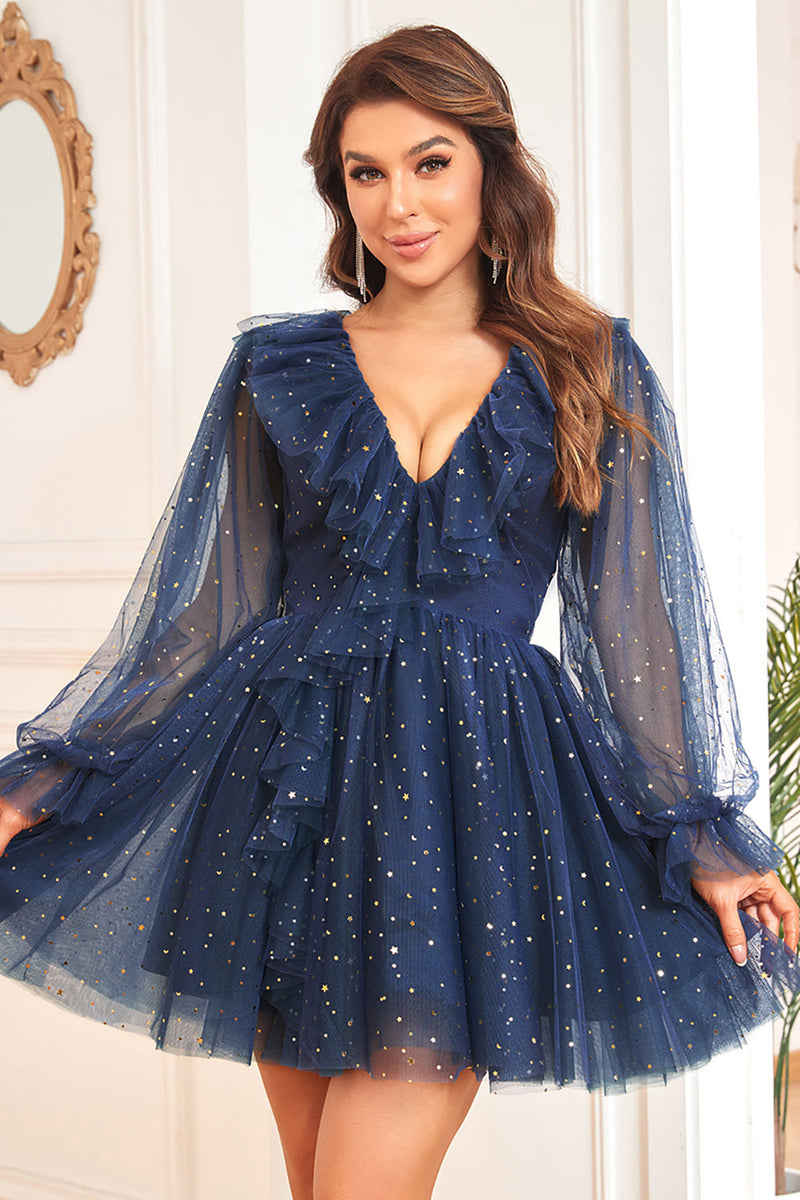 Load image into Gallery viewer, A Line V Neck Navy Short Formal Dress with Long Sleeves