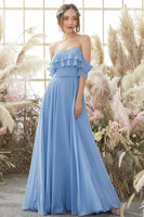 Load image into Gallery viewer, Off The Shoulder Blue Chiffon Bridesmaid Dress