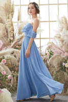 Load image into Gallery viewer, Off The Shoulder Blue Chiffon Bridesmaid Dress