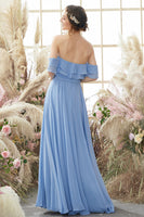 Load image into Gallery viewer, Off The Shoulder Blue Chiffon Bridesmaid Dress