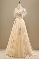Load image into Gallery viewer, Tulle A-Line Yellow Long Formal Dress with Appliques