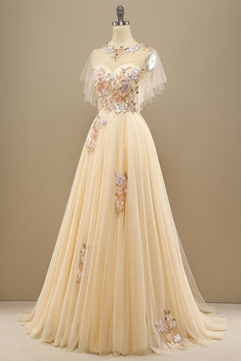 Tulle A-Line Yellow Long Formal Dress with Appliques