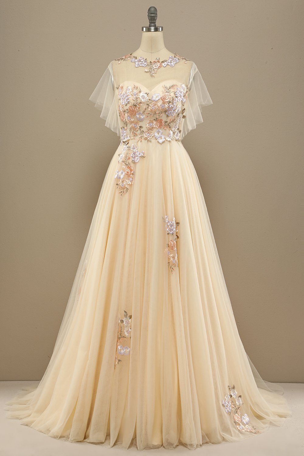 Tulle A-Line Yellow Long Formal Dress with Appliques
