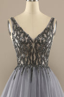 Load image into Gallery viewer, Tulle Grey Long Formal Dress with Beading