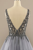 Load image into Gallery viewer, Tulle Grey Long Formal Dress with Beading