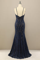Load image into Gallery viewer, Mermaid Navy Lace Long Formal Dress with Slit