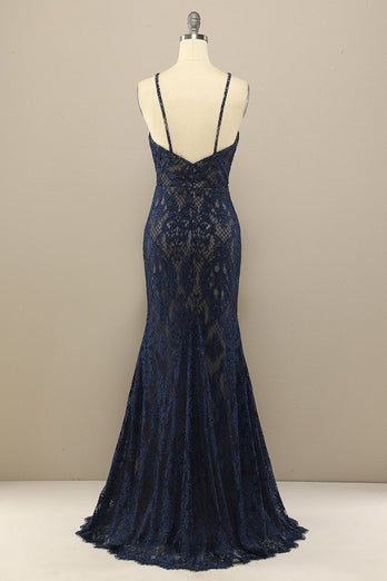 Mermaid Navy Lace Long Formal Dress with Slit