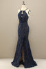 Load image into Gallery viewer, Mermaid Navy Lace Long Formal Dress with Slit