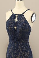 Load image into Gallery viewer, Mermaid Navy Lace Long Formal Dress with Slit