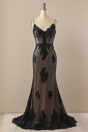 Black Spaghetti Straps Long Formal Dress with Beading