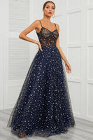 Load image into Gallery viewer, Spaghetti Straps Navy Long Formal Dress with Star