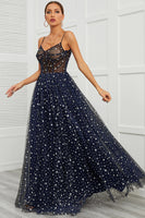 Load image into Gallery viewer, Spaghetti Straps Navy Long Formal Dress with Star