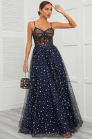 Load image into Gallery viewer, Spaghetti Straps Navy Long Formal Dress with Star