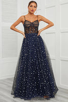 Load image into Gallery viewer, Spaghetti Straps Navy Long Formal Dress with Star