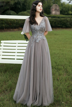 Grey V-Neck Beaded Long Formal Dress with Appliques