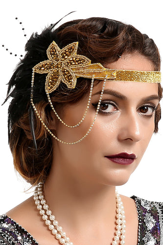 1920s Black and Gold Feather Beaded Headband