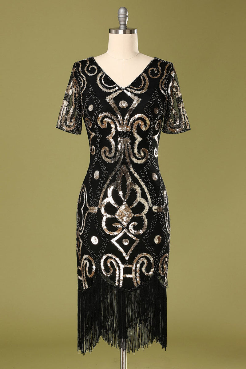 Load image into Gallery viewer, 1920s Black Sequins Flapper Dress