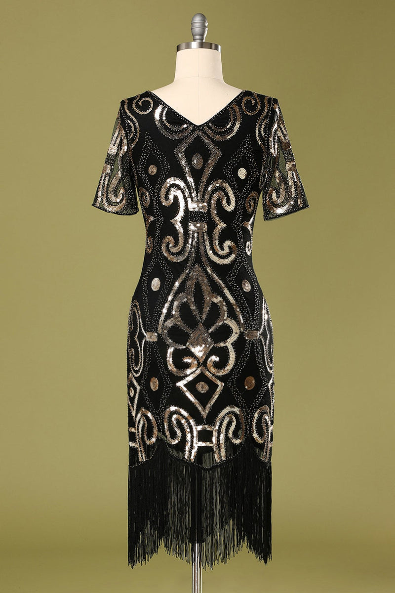 Load image into Gallery viewer, 1920s Black Sequins Flapper Dress