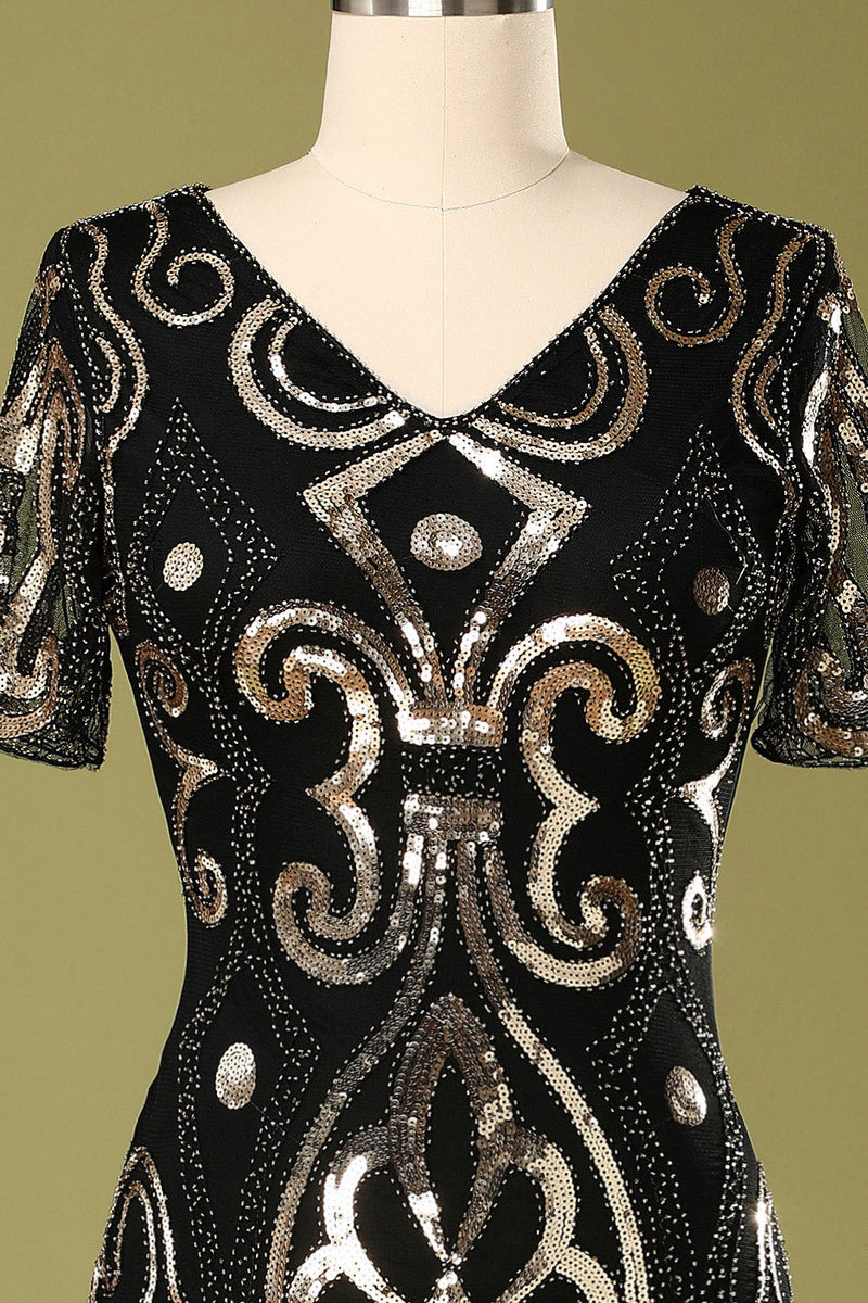 Load image into Gallery viewer, 1920s Black Sequins Flapper Dress