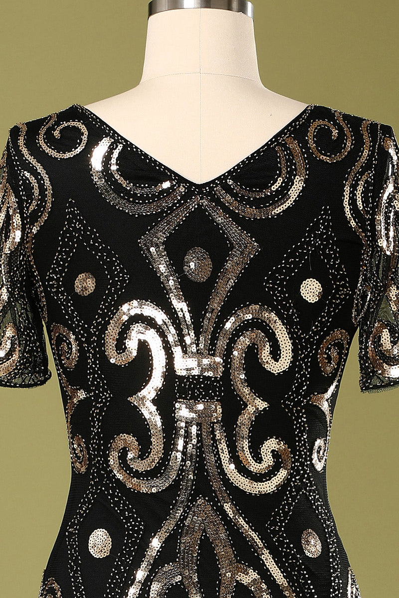 Load image into Gallery viewer, 1920s Black Sequins Flapper Dress