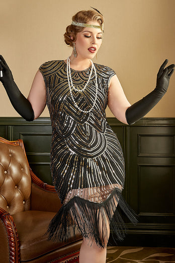Golden Sequins 1920s Plus Size Dress with Fringes