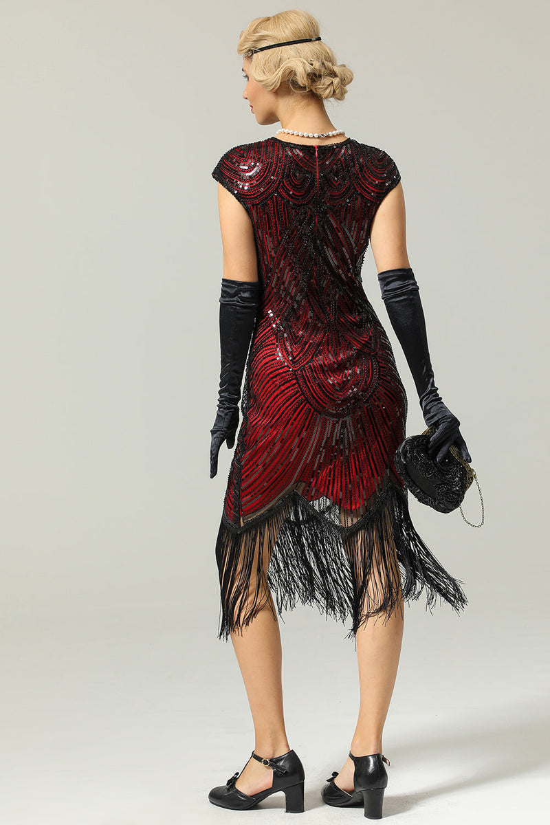 Load image into Gallery viewer, Black Gatsby Glitter Fringe 1920s Flapper Dress