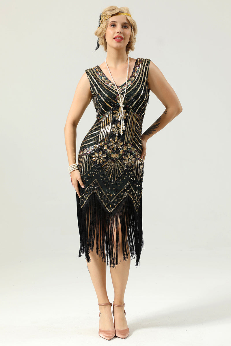 Load image into Gallery viewer, Black and Gold Sequin 1920s Dress