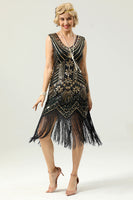 Load image into Gallery viewer, Black and Gold Sequin 1920s Dress