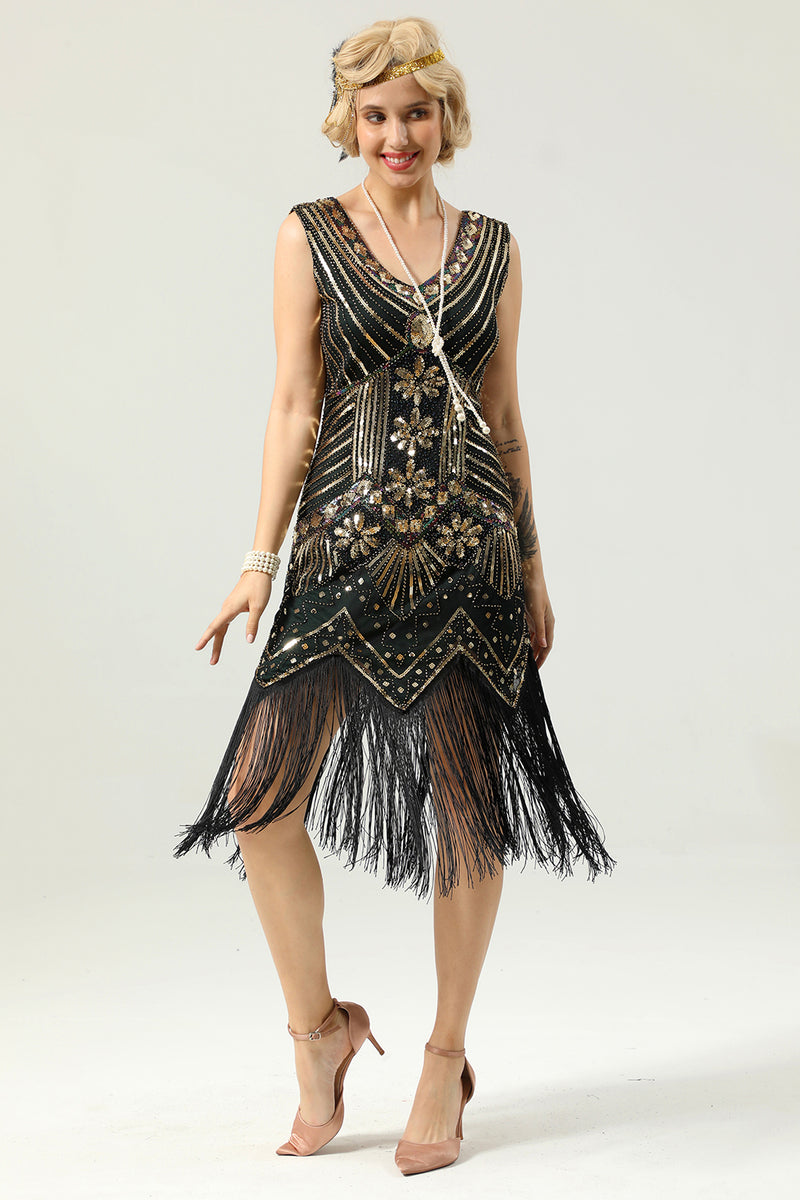 Load image into Gallery viewer, Black and Gold Sequin 1920s Dress