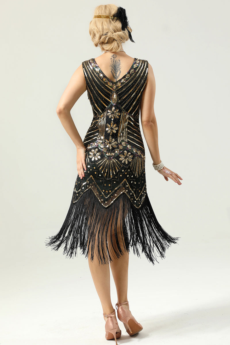 Load image into Gallery viewer, Black and Gold Sequin 1920s Dress