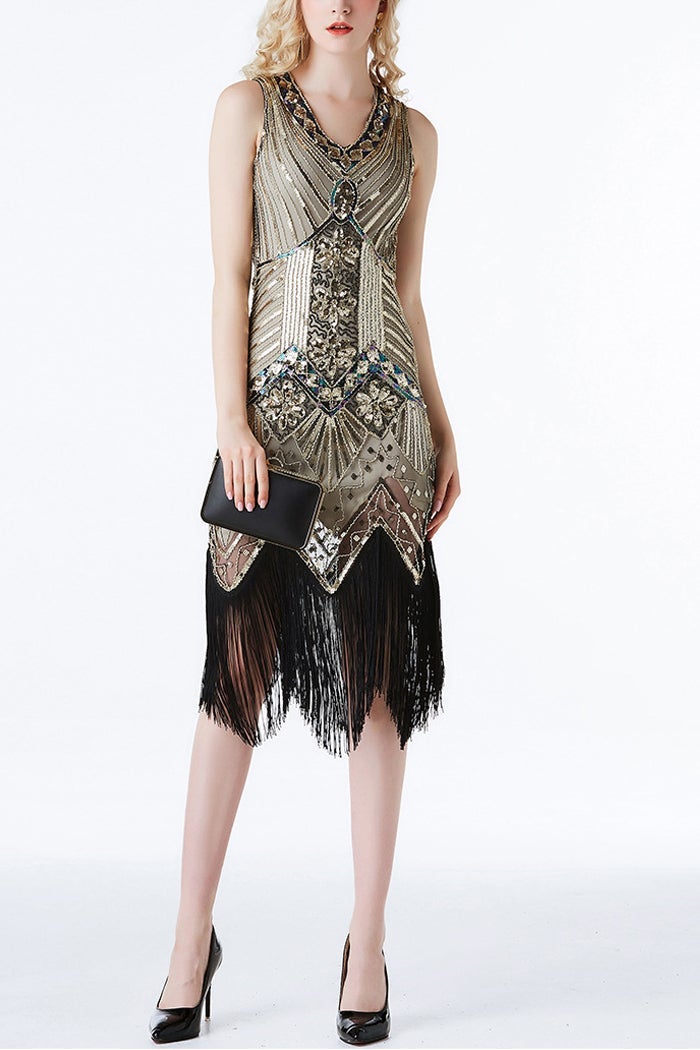 Load image into Gallery viewer, Black and Silver Sequin 1920s Dress