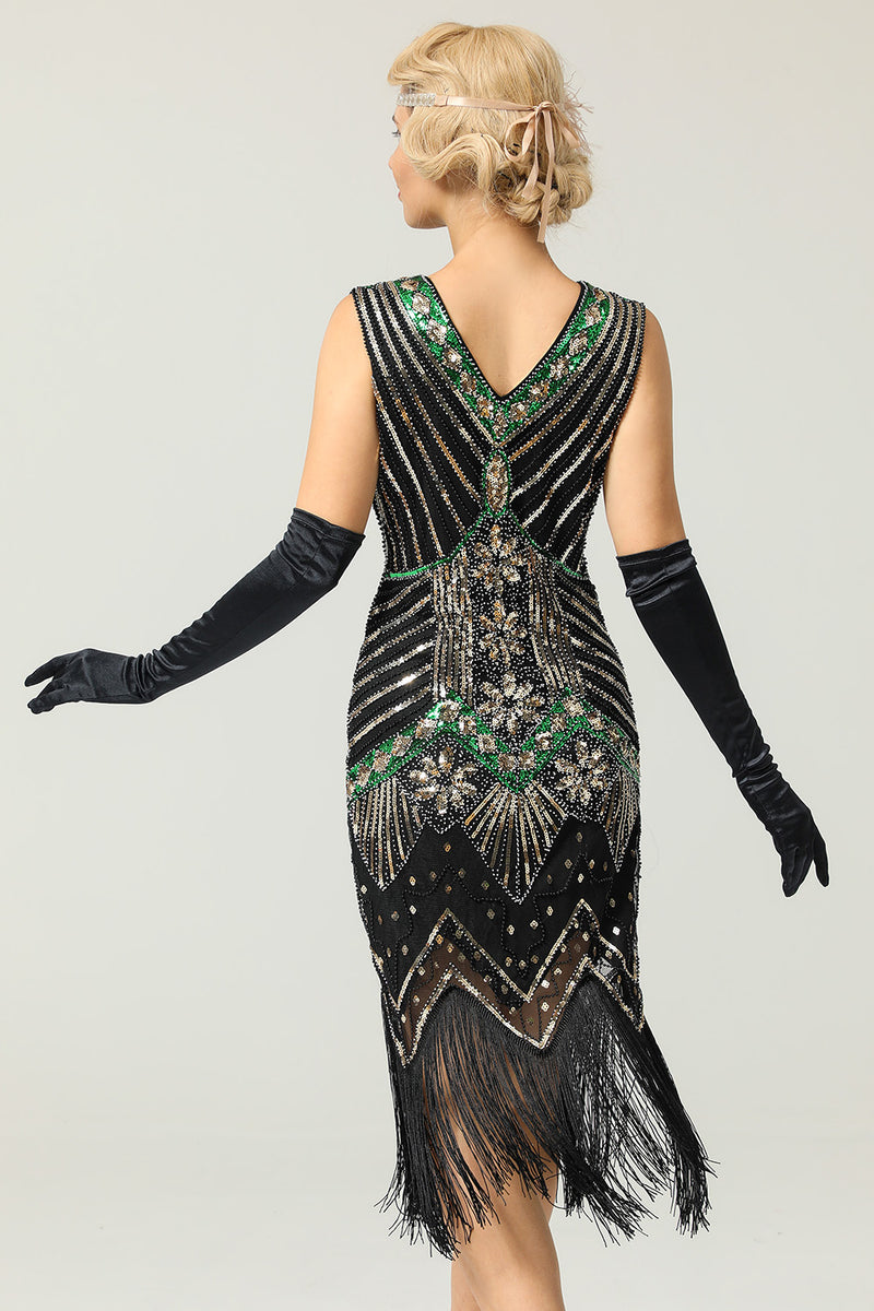 Load image into Gallery viewer, Black and Green Sequin 1920s Dress