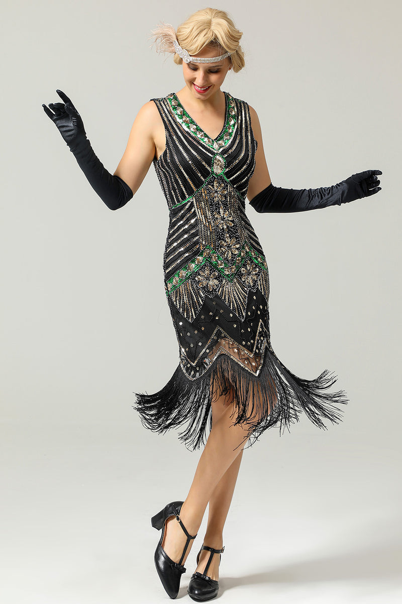 Load image into Gallery viewer, Black and Silver Sequin 1920s Dress