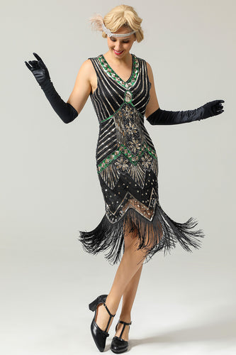 Black and Green Sequin 1920s Dress