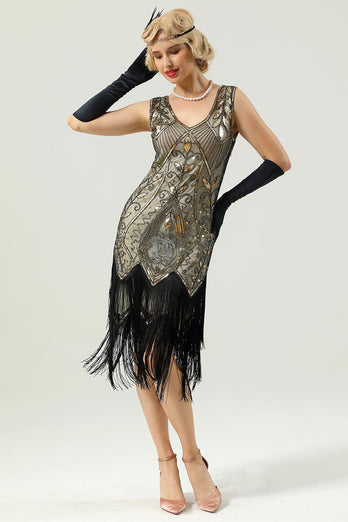 Ivory Sequins Glitter Fringe 1920s Dress