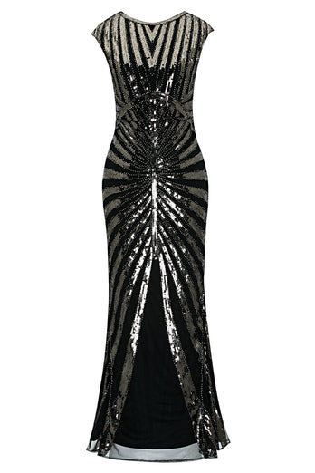 Black and Gold Mermaid 1920s Sequined Flapper Dress
