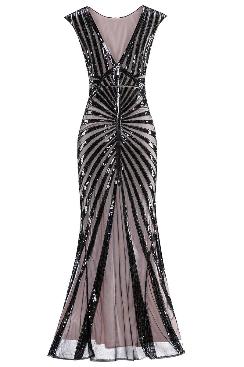 Load image into Gallery viewer, Black and Gold Mermaid 1920s Sequined Flapper Dress