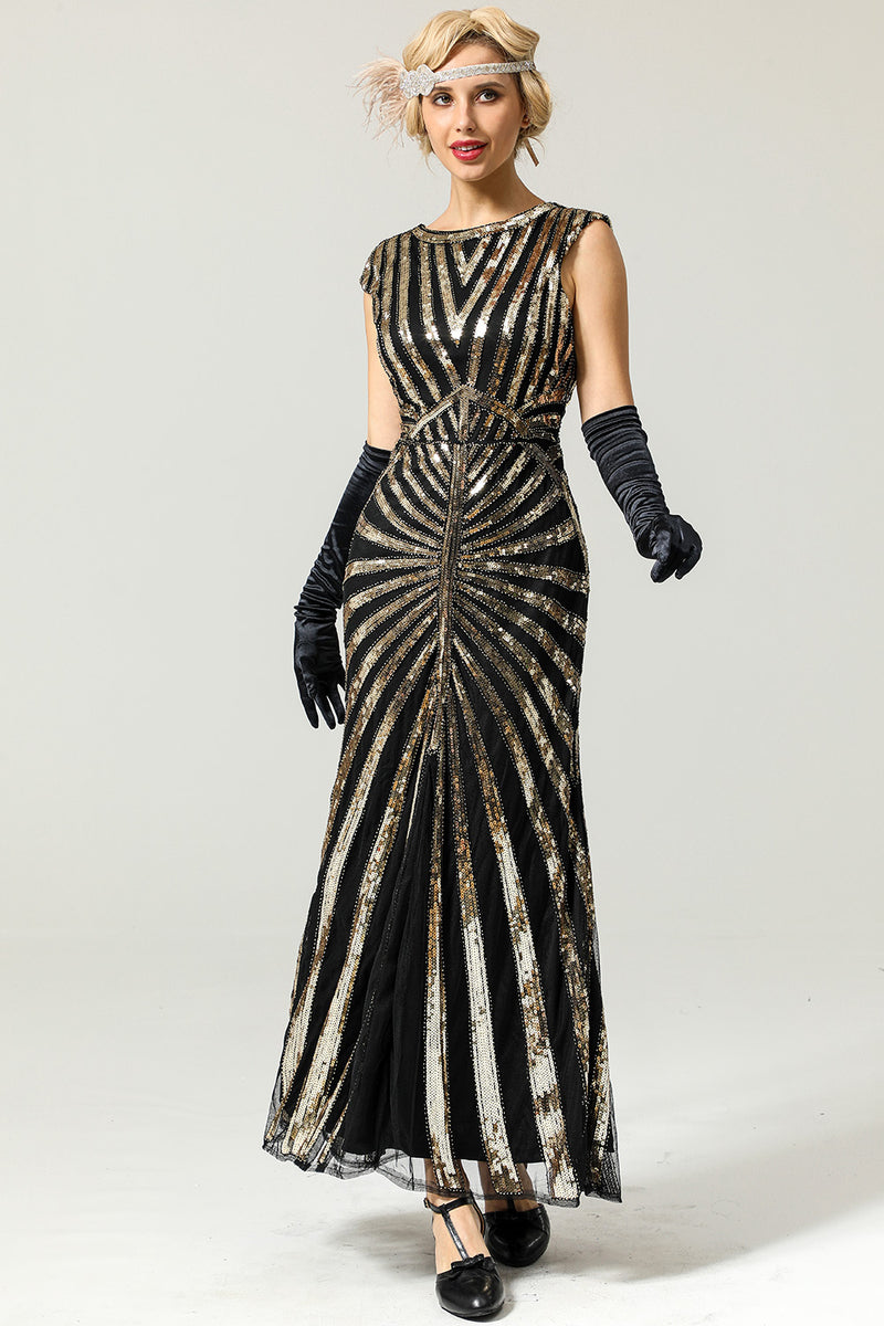 Load image into Gallery viewer, Black and Gold Mermaid 1920s Sequined Flapper Dress