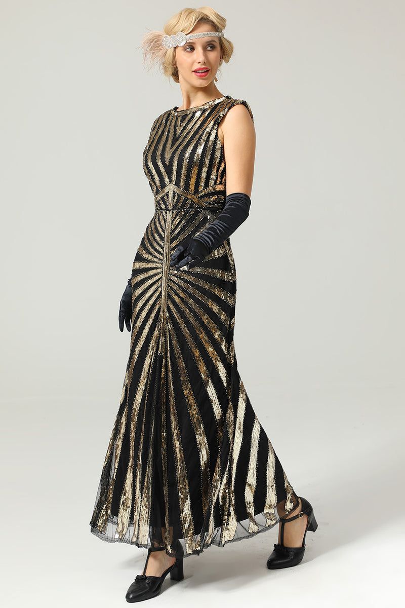 Load image into Gallery viewer, Black and Gold Mermaid 1920s Sequined Flapper Dress