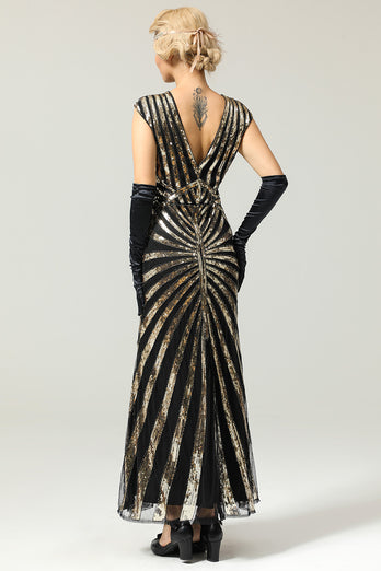 Black and Gold Mermaid 1920s Sequined Flapper Dress